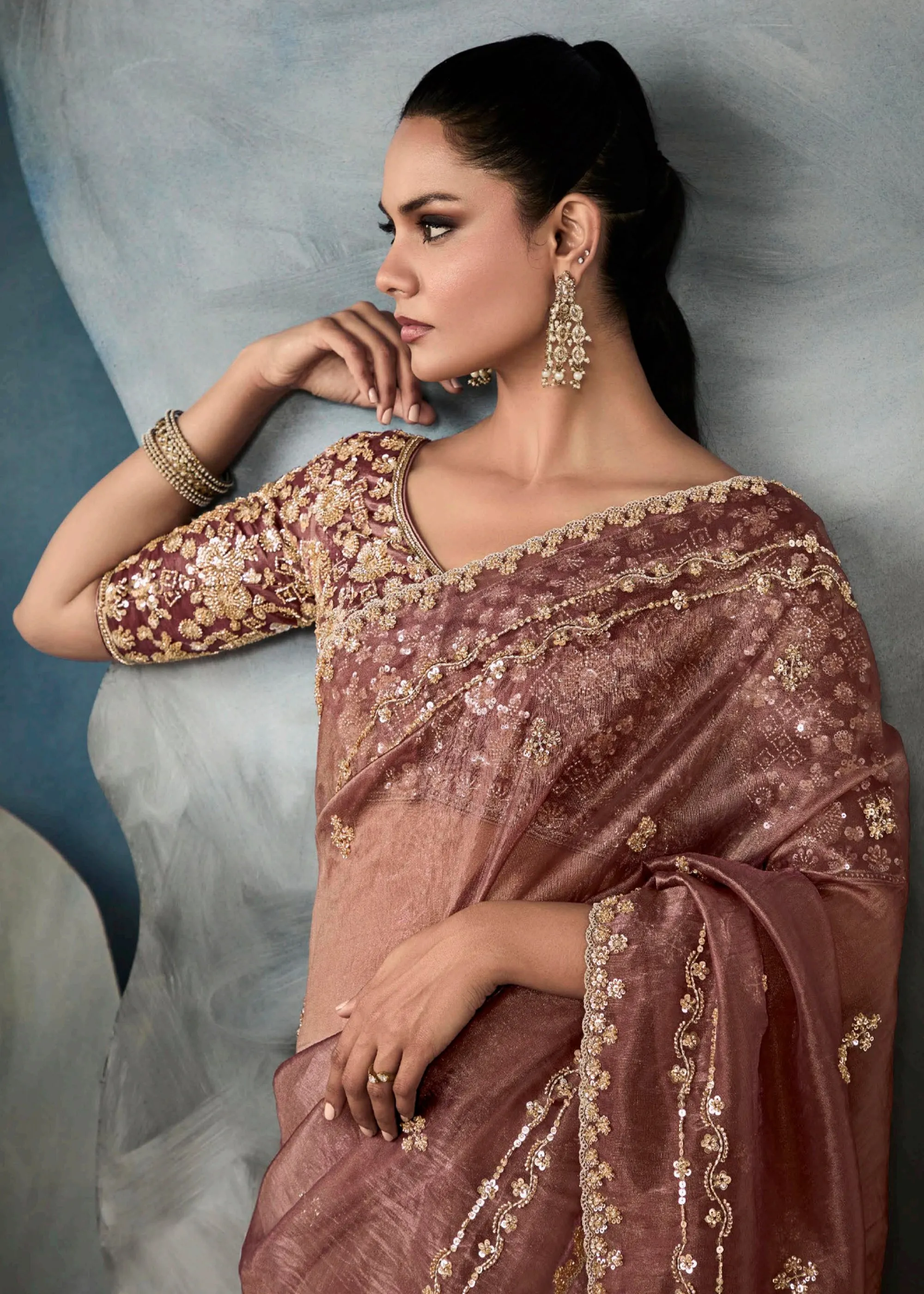 Pale Mauve Embroidered Designer Tissue Silk Saree