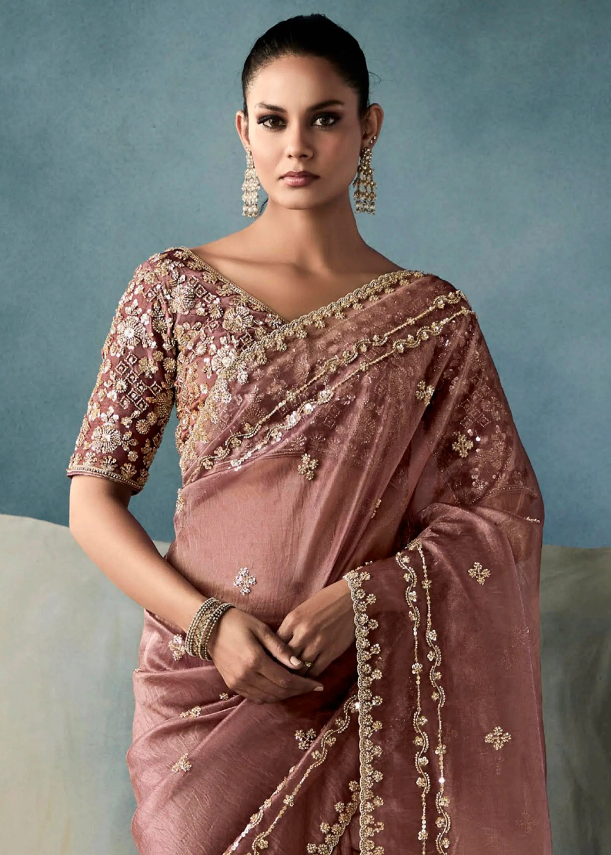 Pale Mauve Embroidered Designer Tissue Silk Saree