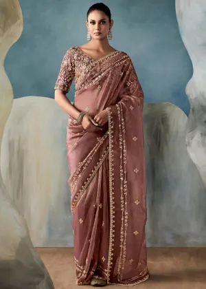 Pale Mauve Embroidered Designer Tissue Silk Saree