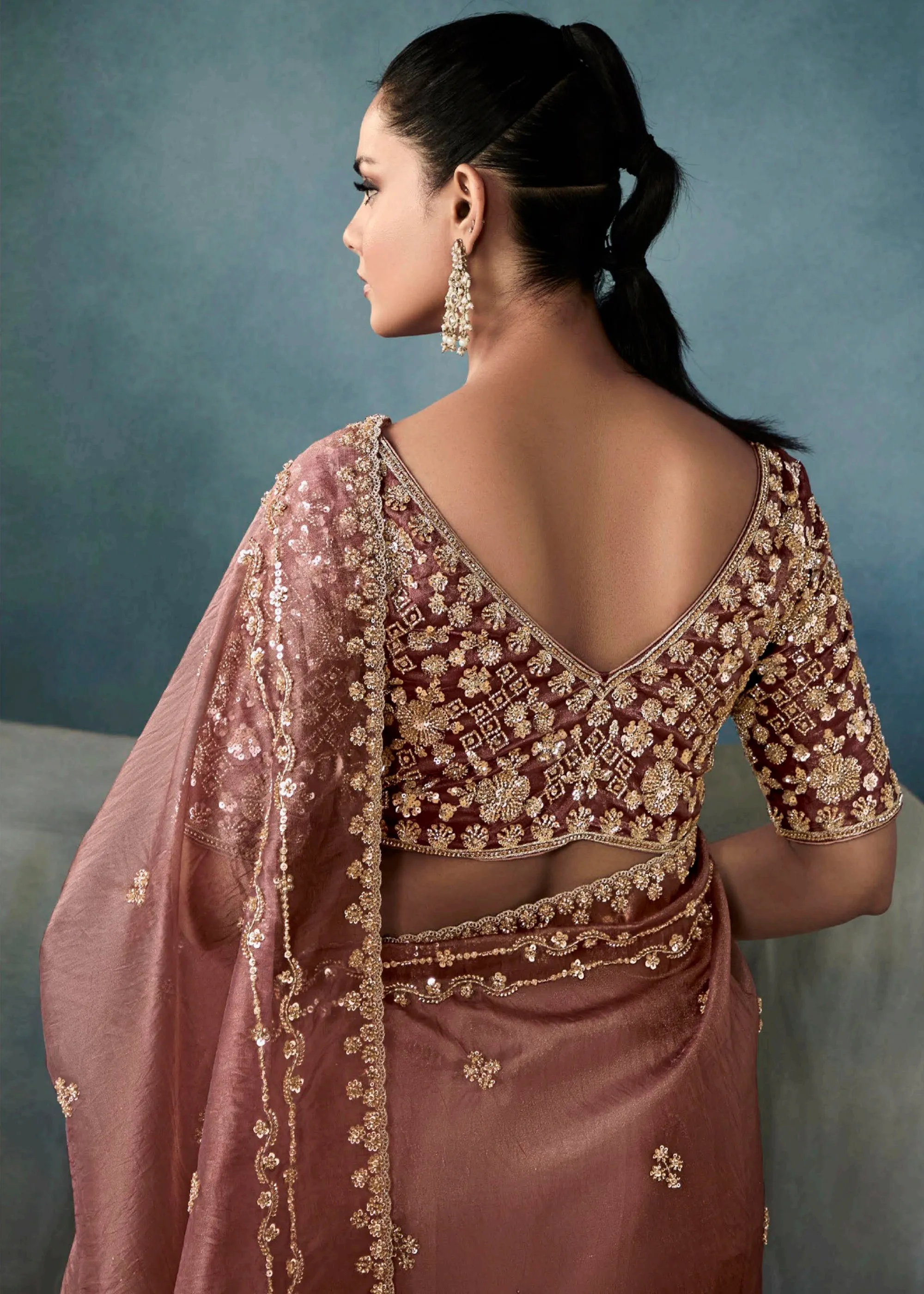 Pale Mauve Embroidered Designer Tissue Silk Saree