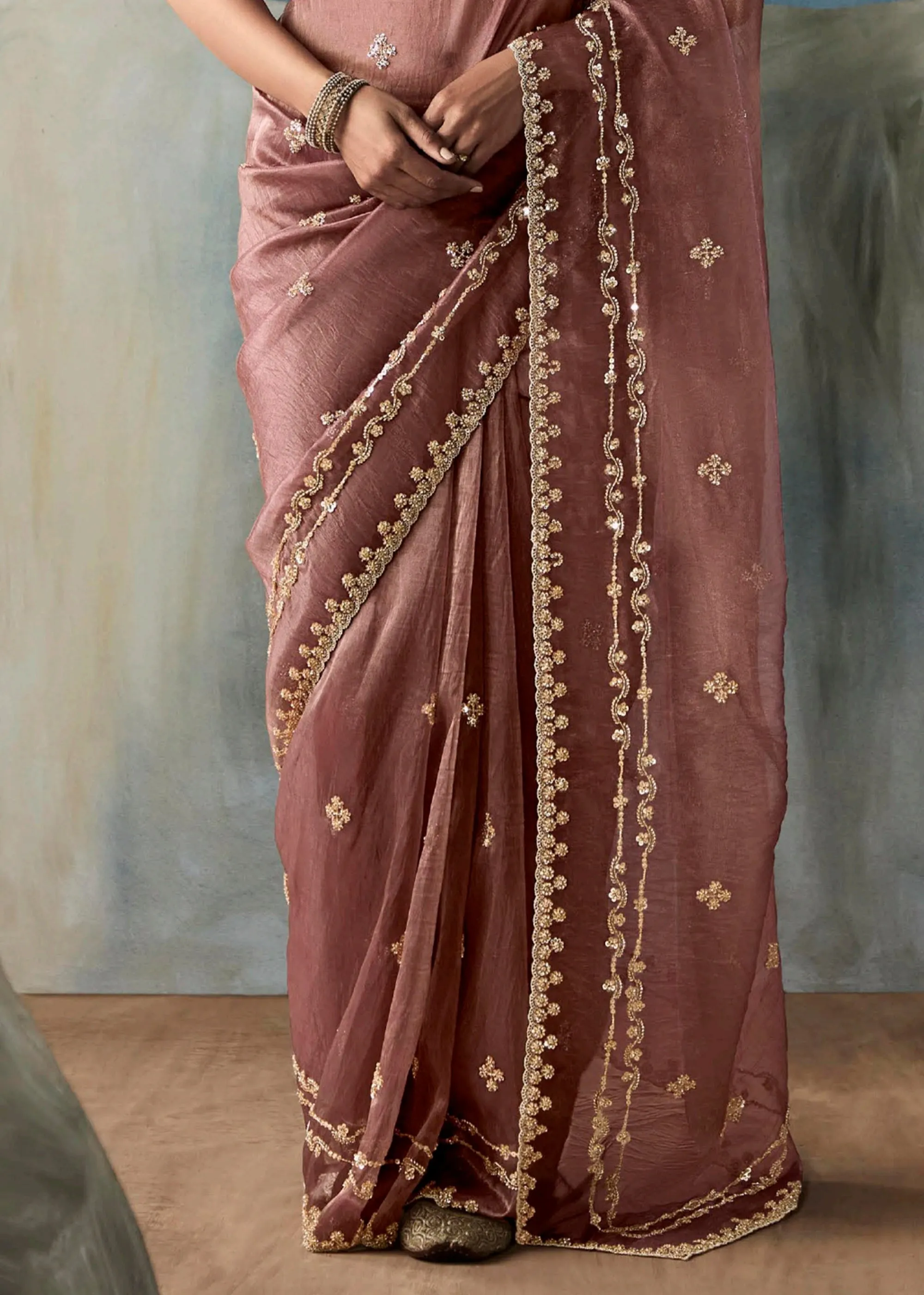 Pale Mauve Embroidered Designer Tissue Silk Saree
