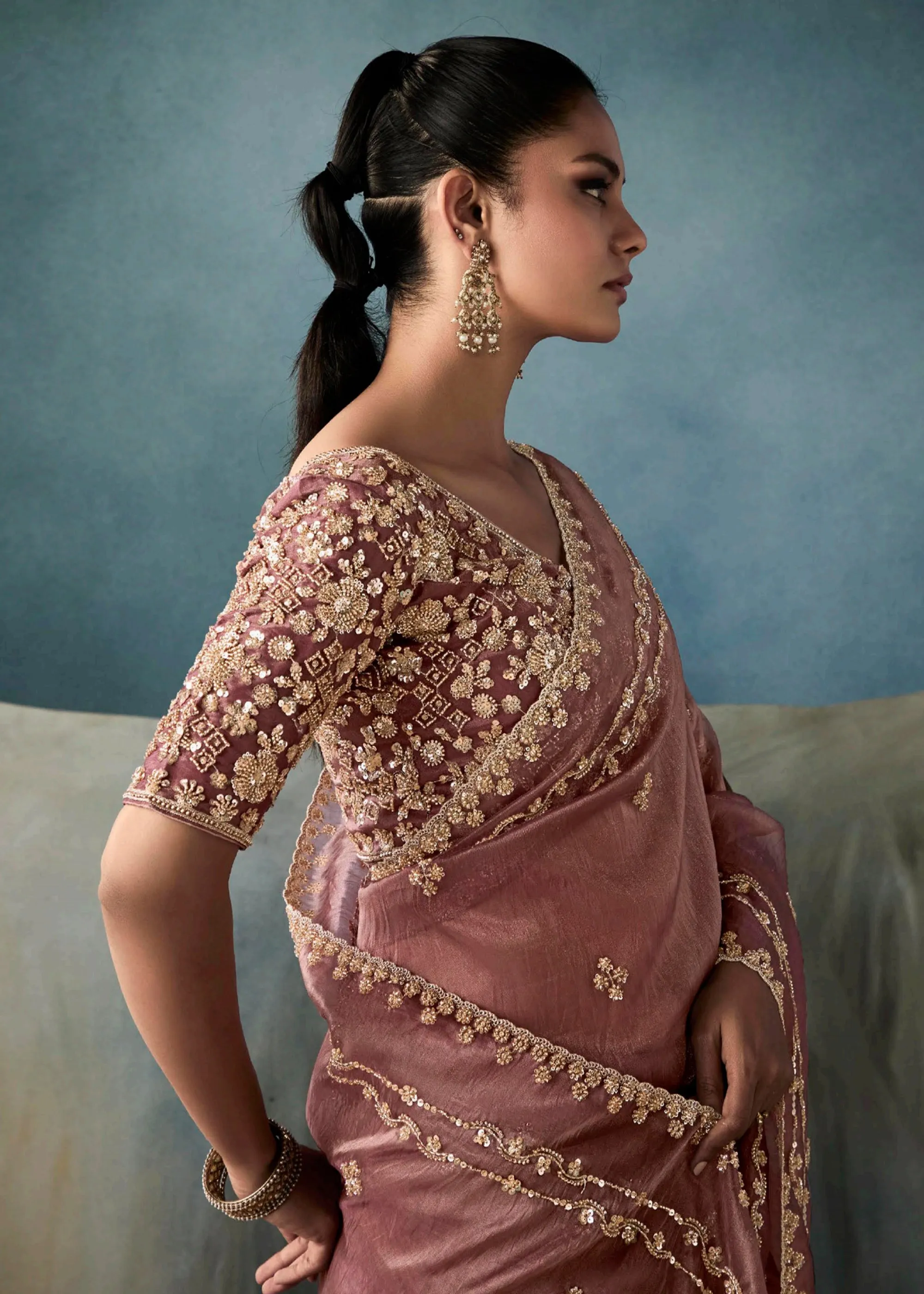 Pale Mauve Embroidered Designer Tissue Silk Saree