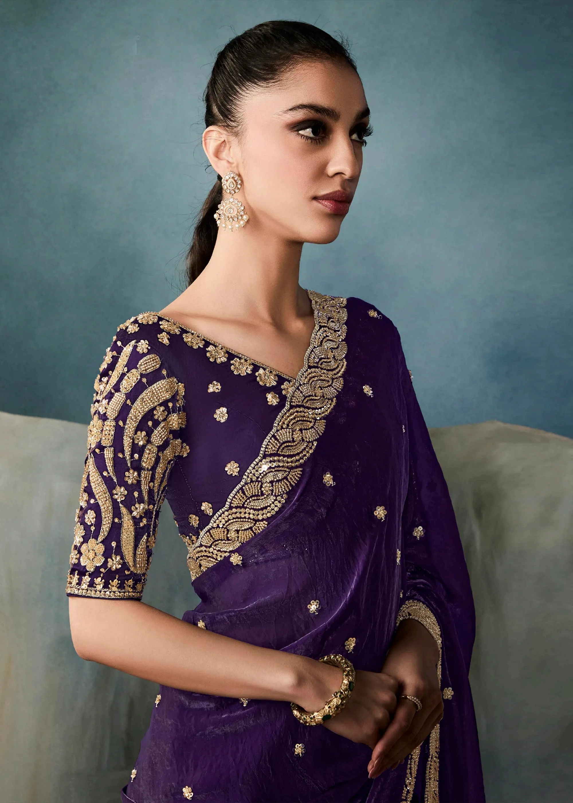 Patriot Purple  Embroidered Designer Tissue Silk Saree