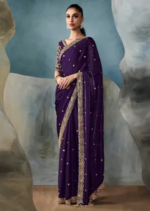 Patriot Purple  Embroidered Designer Tissue Silk Saree