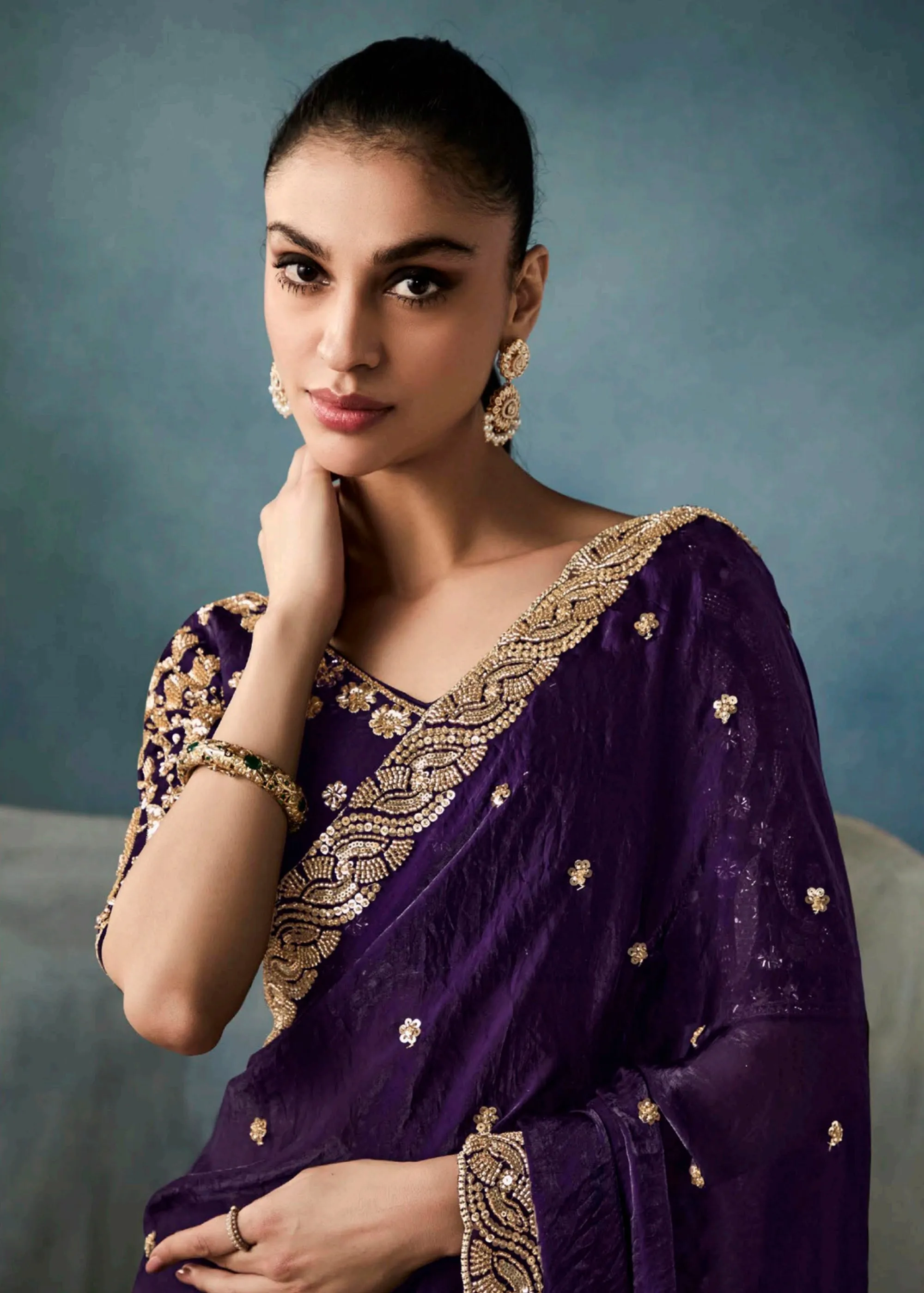 Patriot Purple  Embroidered Designer Tissue Silk Saree