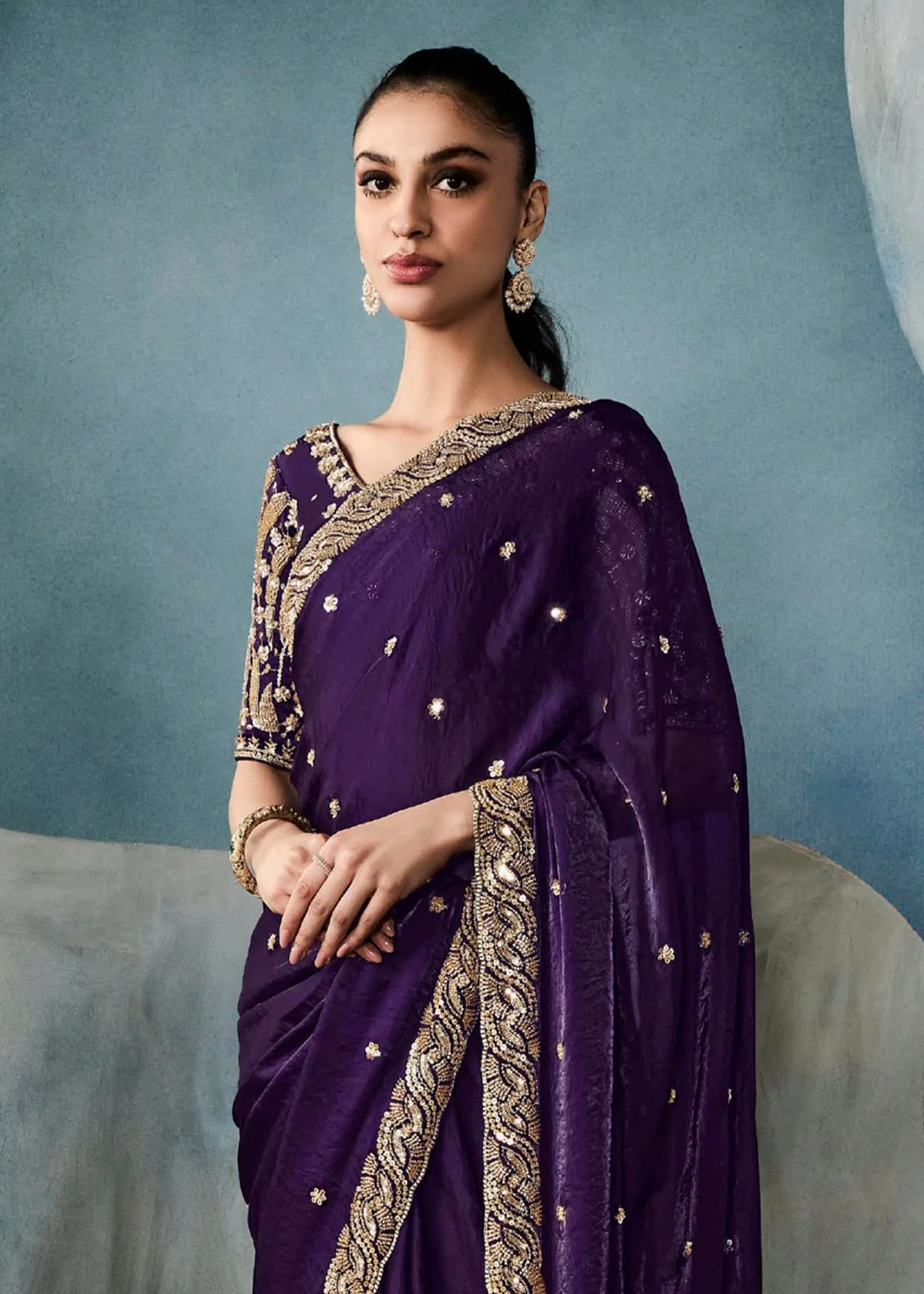 Patriot Purple  Embroidered Designer Tissue Silk Saree