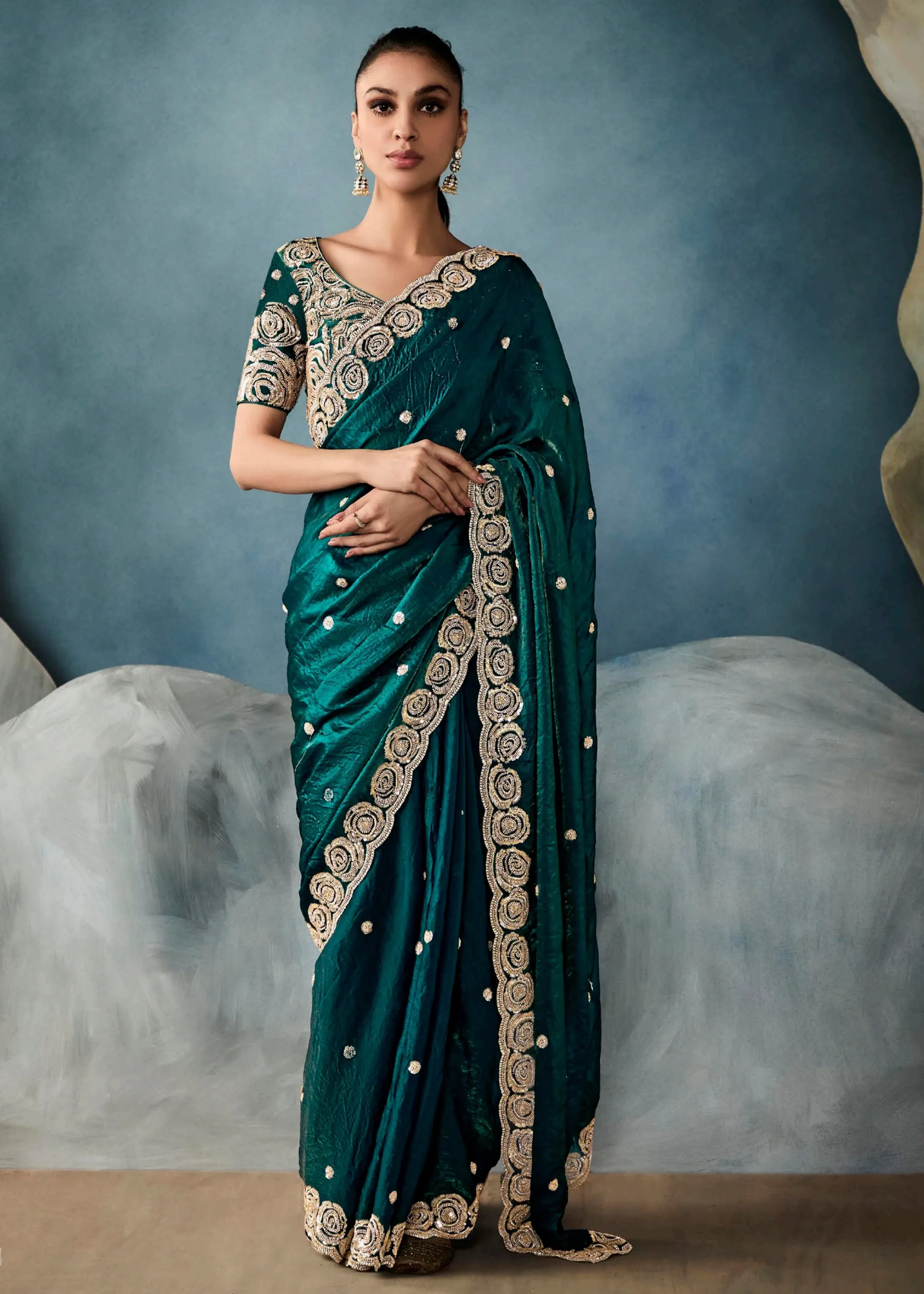Peacock Green Embroidered Designer Tissue Silk Saree