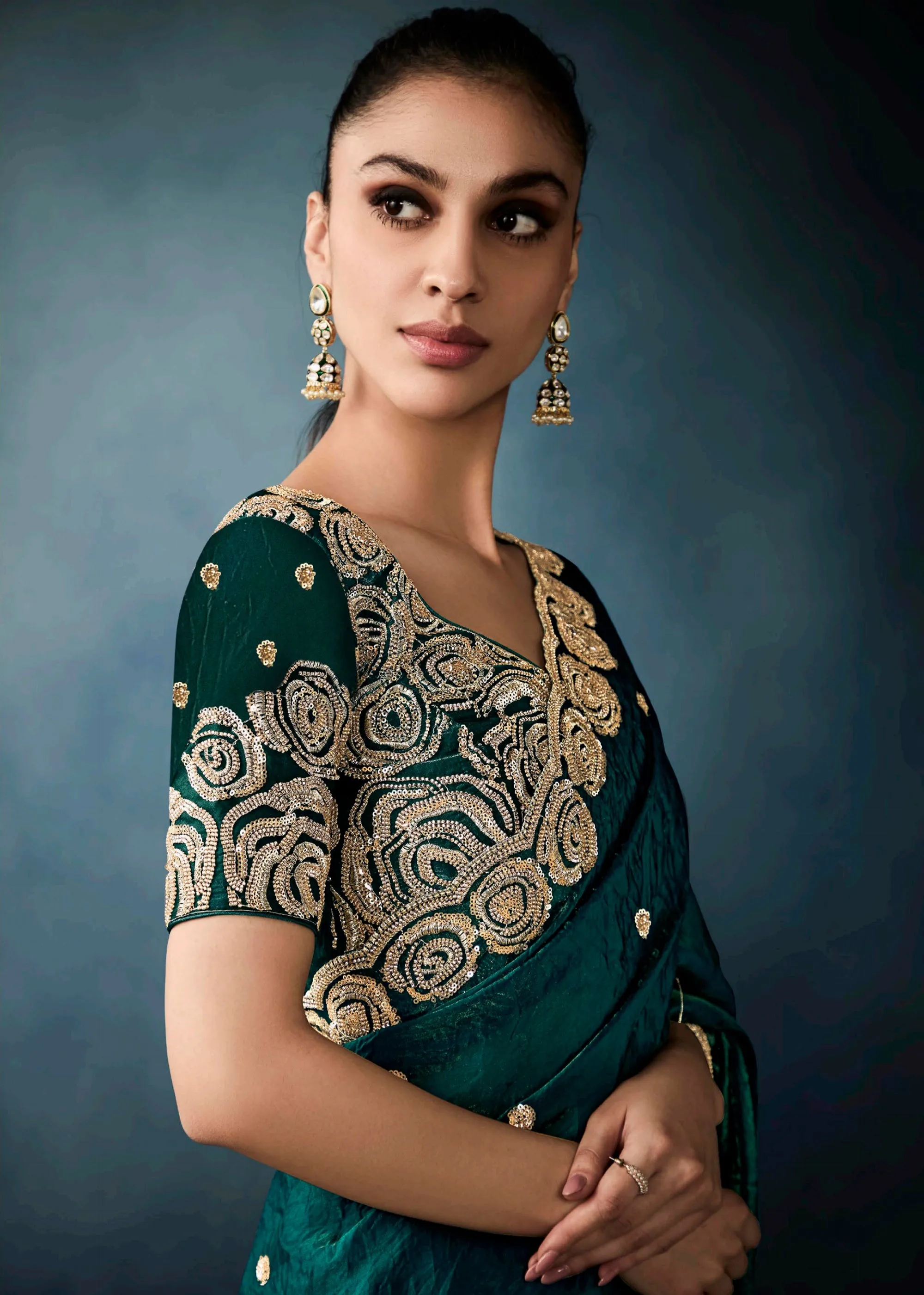 Peacock Green Embroidered Designer Tissue Silk Saree
