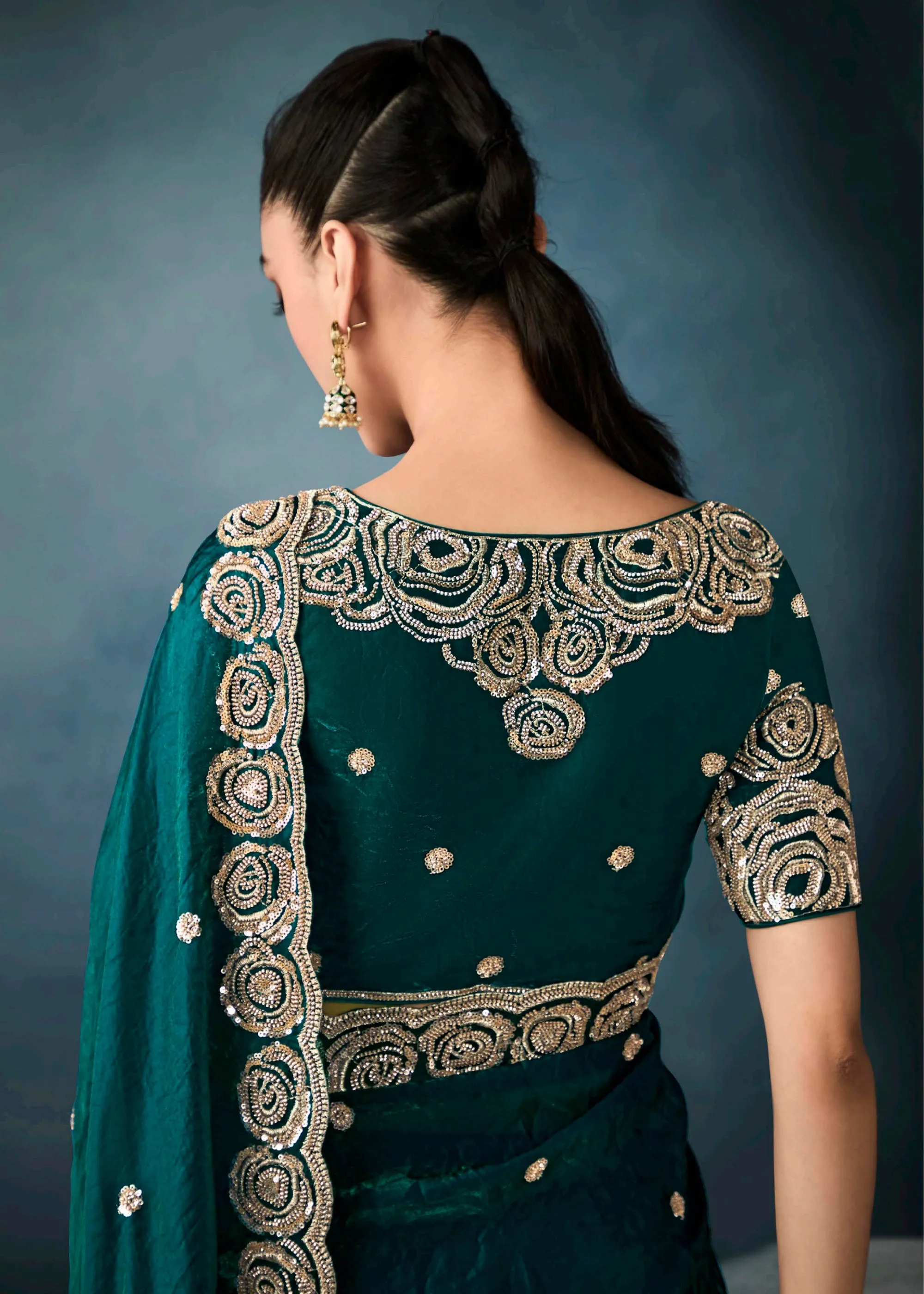 Peacock Green Embroidered Designer Tissue Silk Saree
