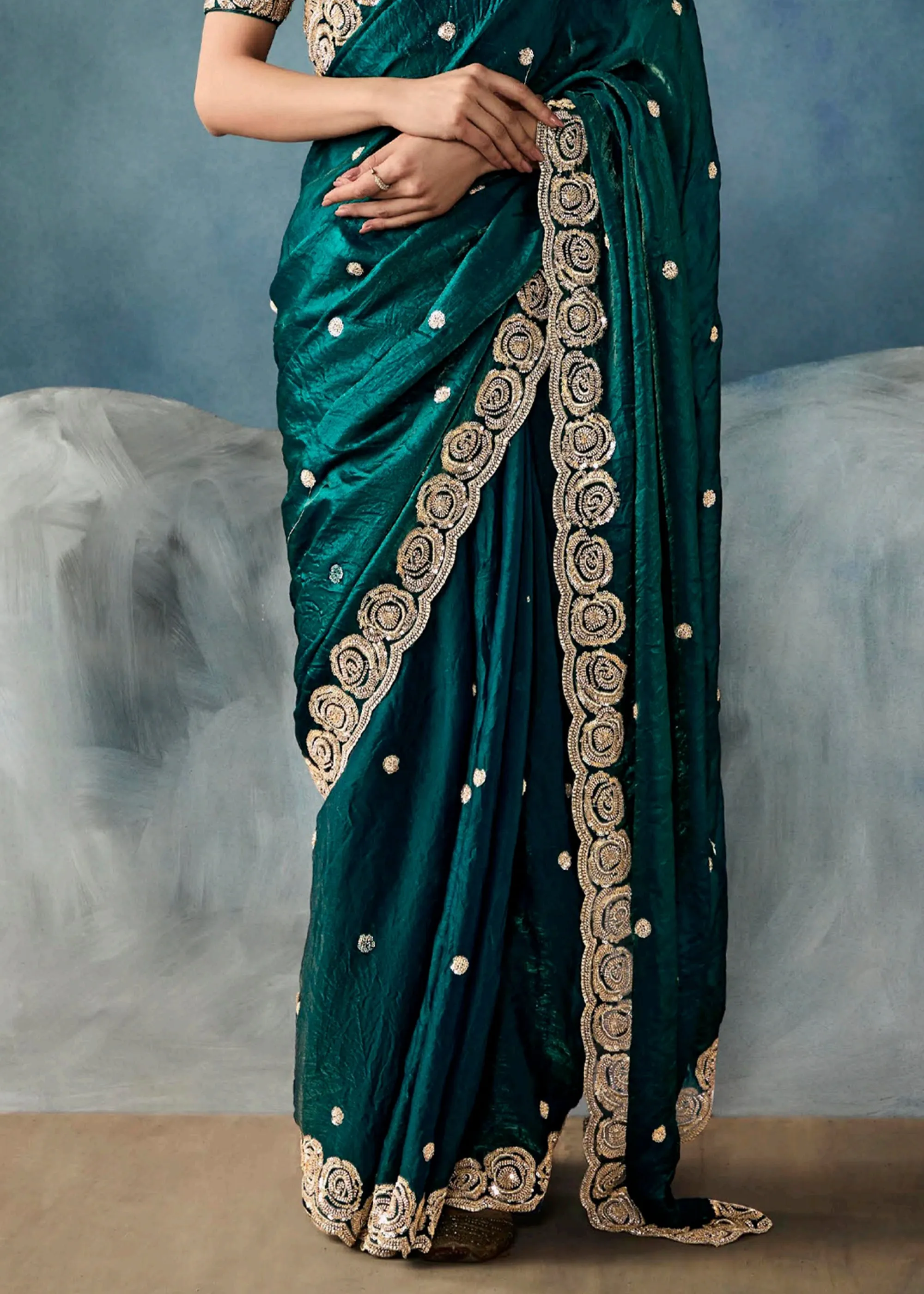Peacock Green Embroidered Designer Tissue Silk Saree