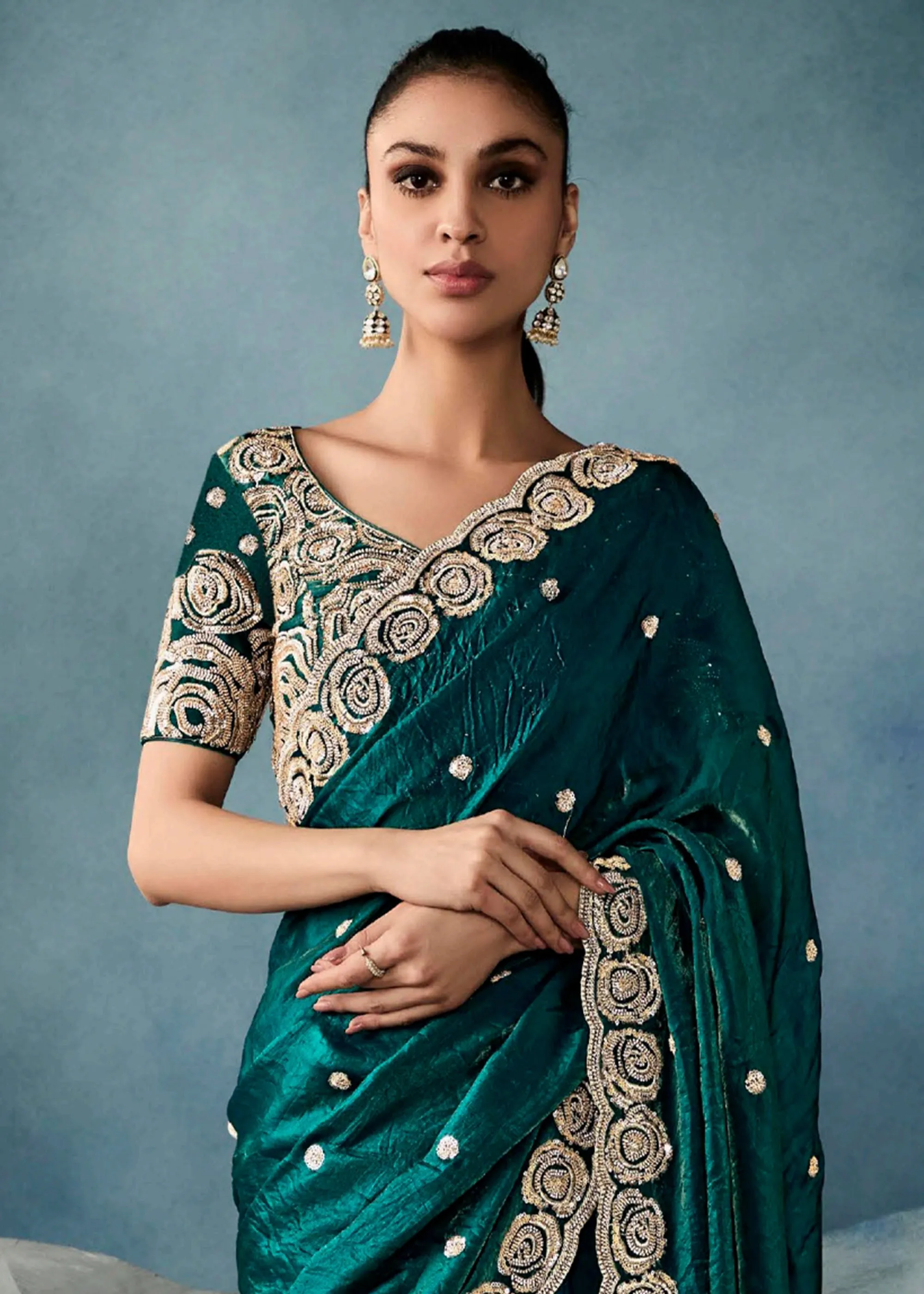Peacock Green Embroidered Designer Tissue Silk Saree