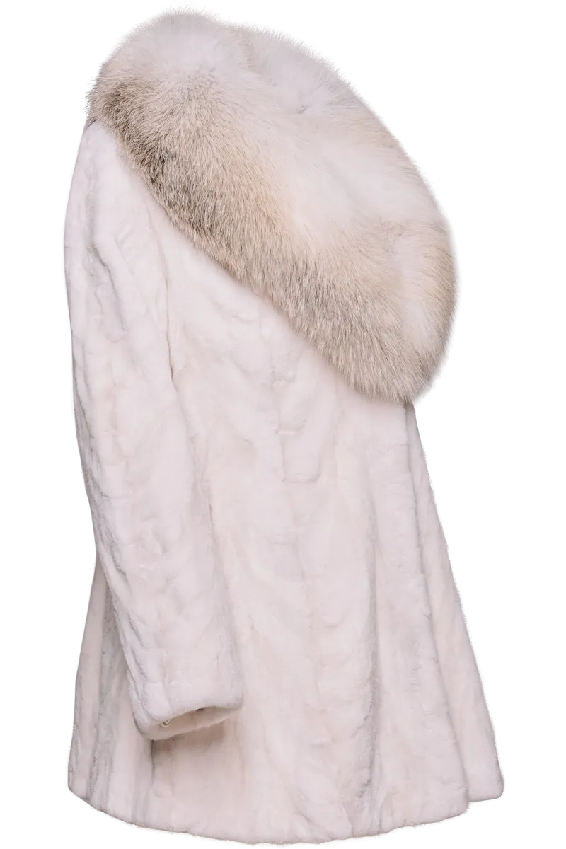 Pearl Sheared Mink Sections Fur Jacket - Golden Island Fox Fur Collar