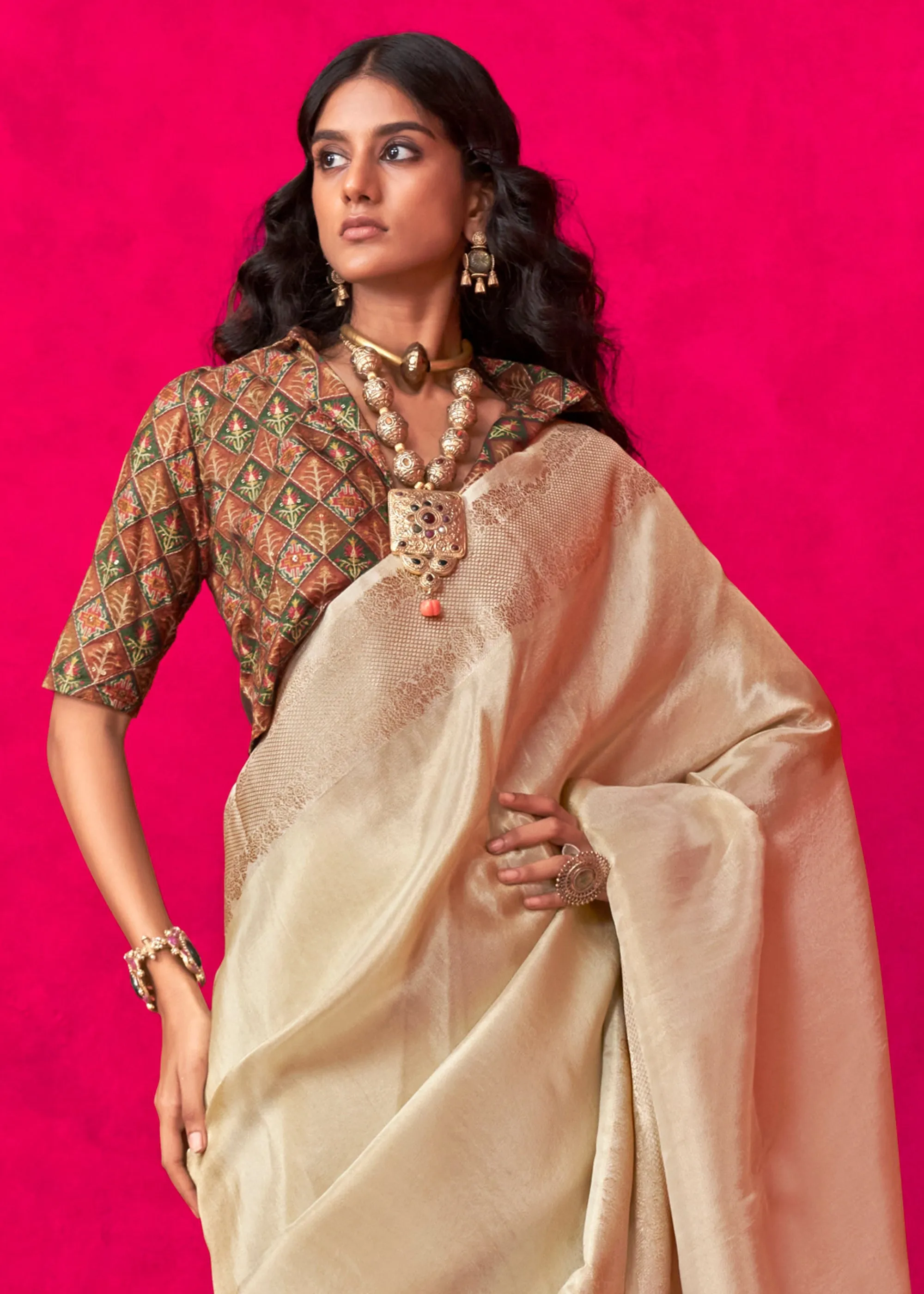 Pearl White Woven Banarasi Tissue Silk Saree With Contrast Blouse