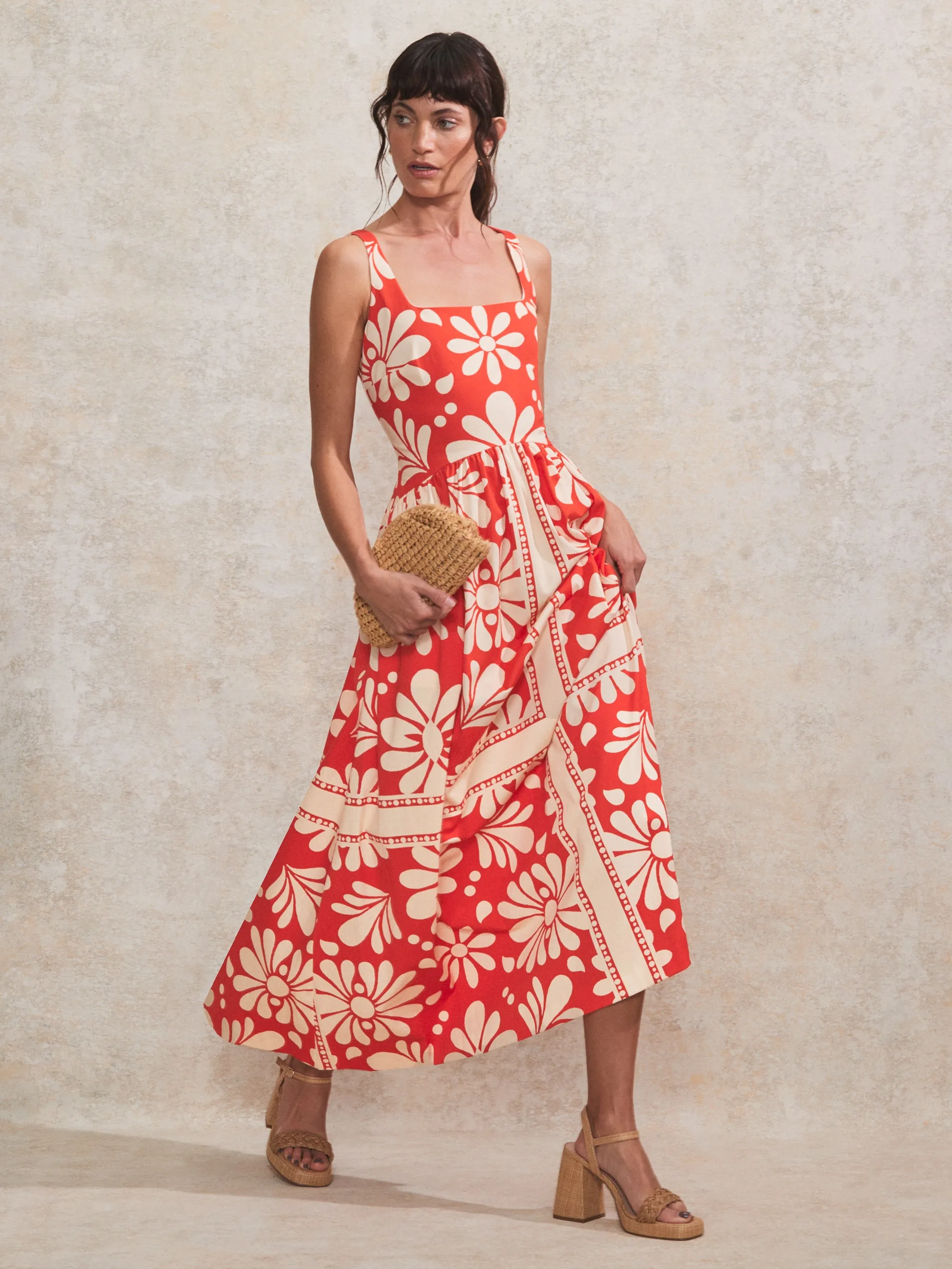 Petite Raya Red Floral-Print Square-Neck Cotton Dress