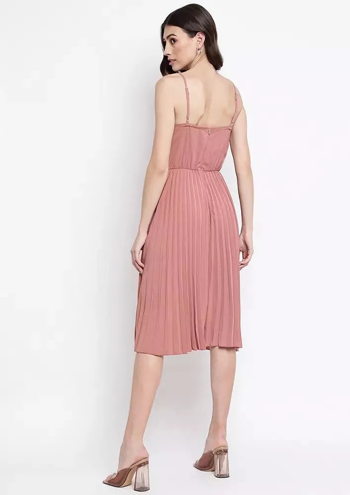 Pink Pleated Plunge V-Neck Midi Dress