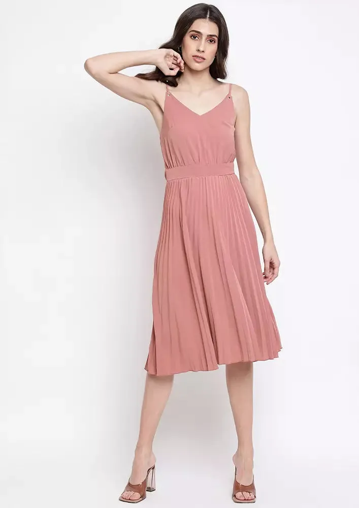 Pink Pleated Plunge V-Neck Midi Dress