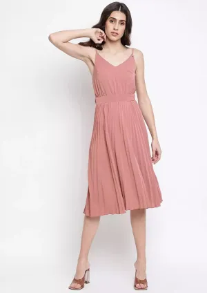 Pink Pleated Plunge V-Neck Midi Dress
