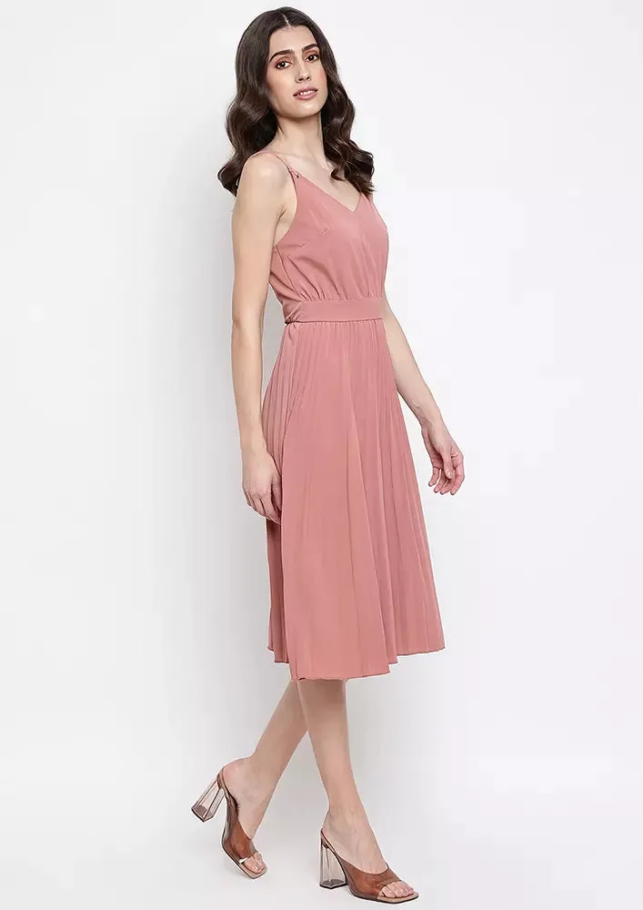 Pink Pleated Plunge V-Neck Midi Dress