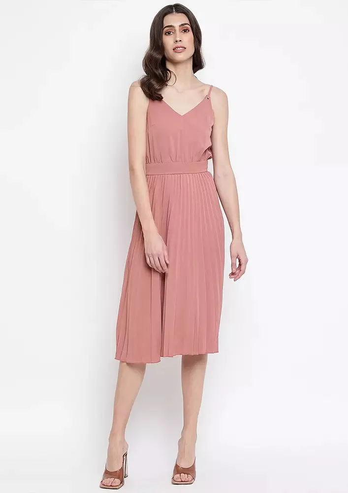 Pink Pleated Plunge V-Neck Midi Dress