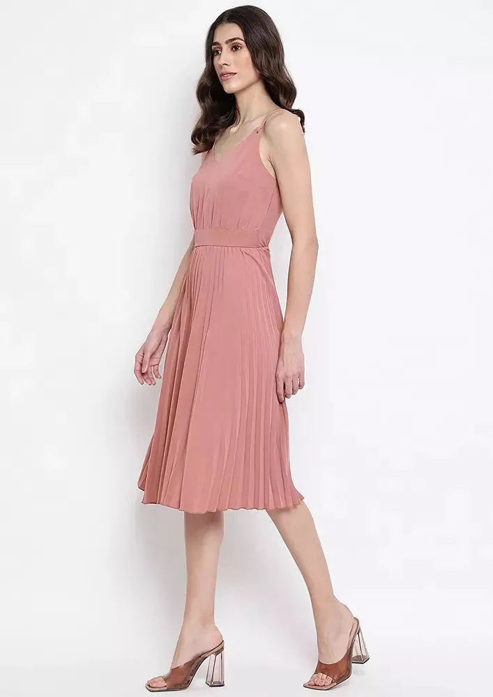 Pink Pleated Plunge V-Neck Midi Dress