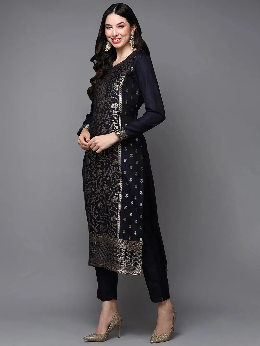 Poly Chanderi Black Jacquard Straight Kurta Pant