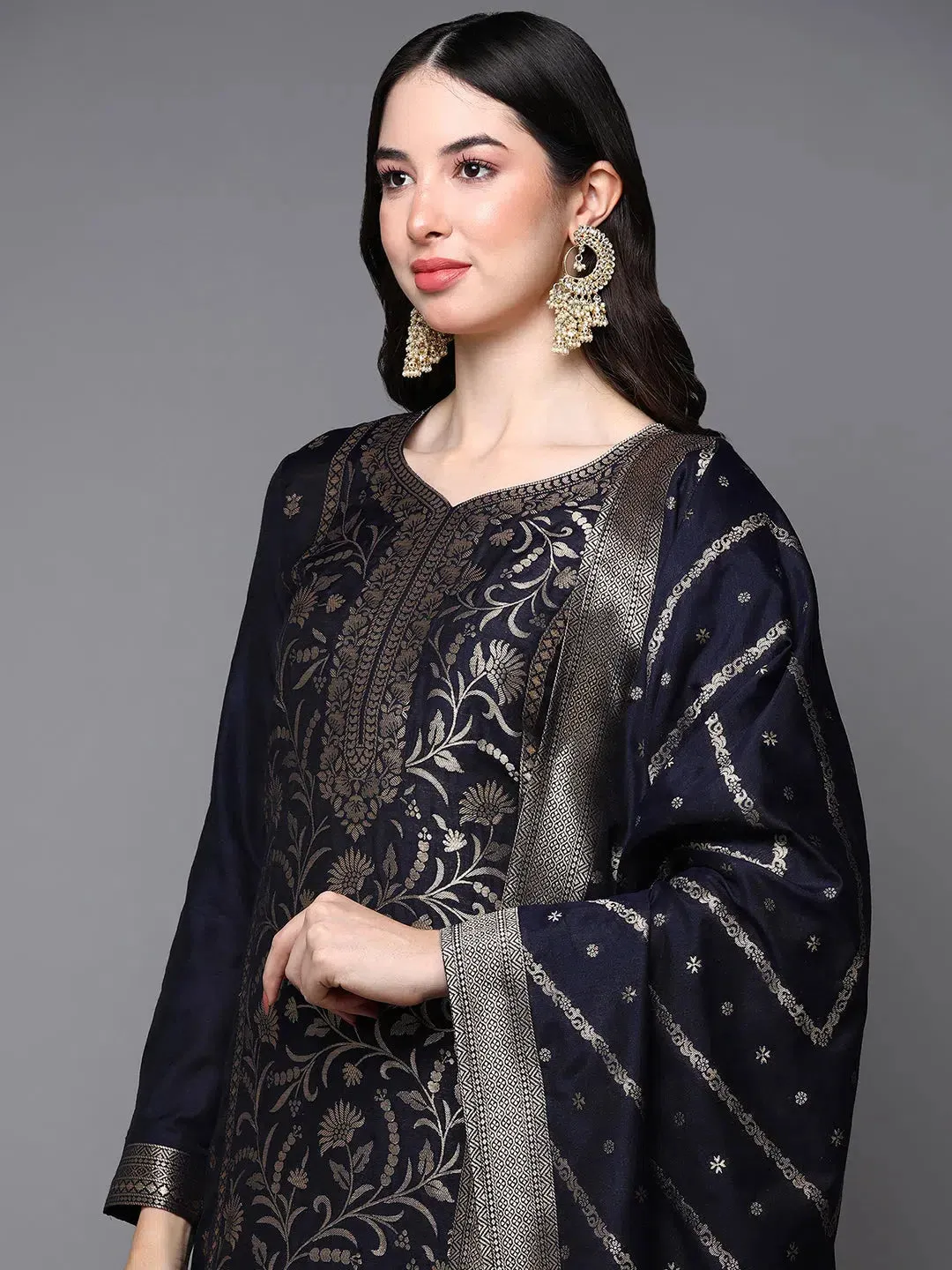 Poly Chanderi Black Jacquard Straight Kurta Pant