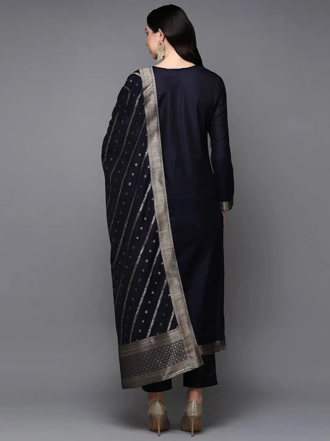 Poly Chanderi Black Jacquard Straight Kurta Pant