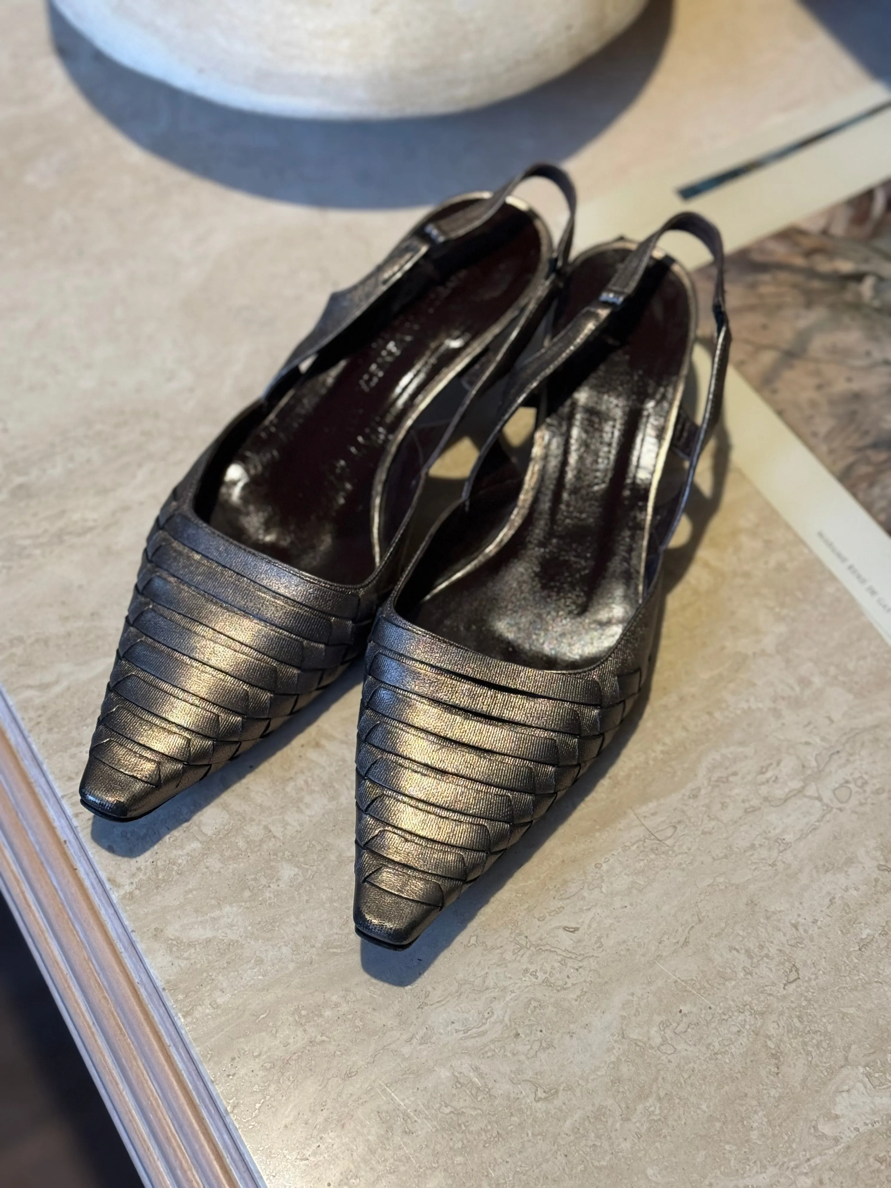 Pre-loved Bottega Veneta Metallic Woven Kitten Heels