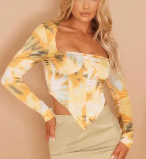 PrettyLittleThing Orange Woven Tie Dje Long Steve Bust Detal Corset Crop Size 10