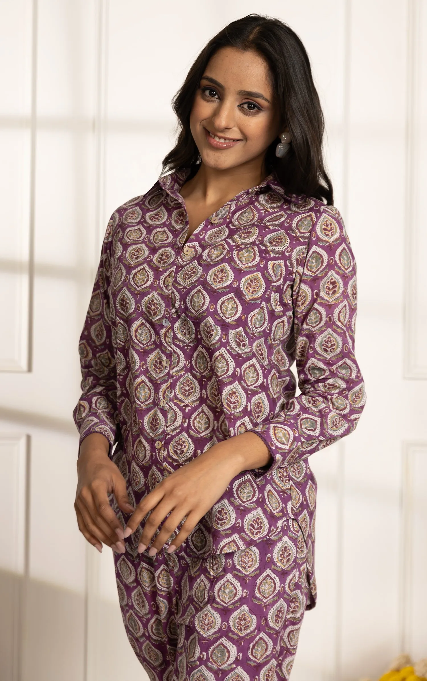Purple Pure Cotton Ready-To-Wear Hand Block Printed Co-ord Set