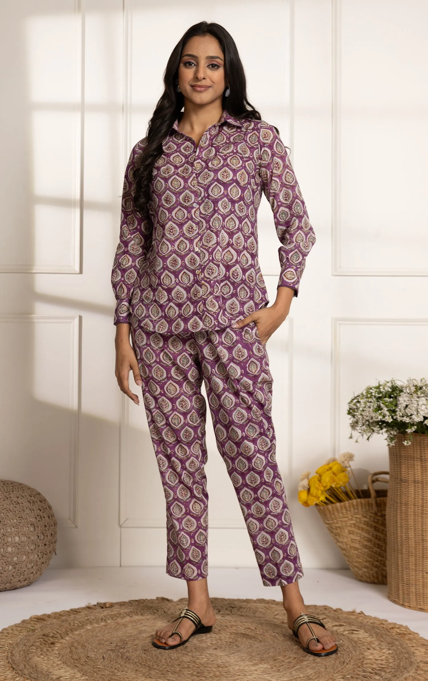 Purple Pure Cotton Ready-To-Wear Hand Block Printed Co-ord Set
