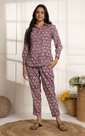 Purple Pure Cotton Ready-To-Wear Hand Block Printed Co-ord Set