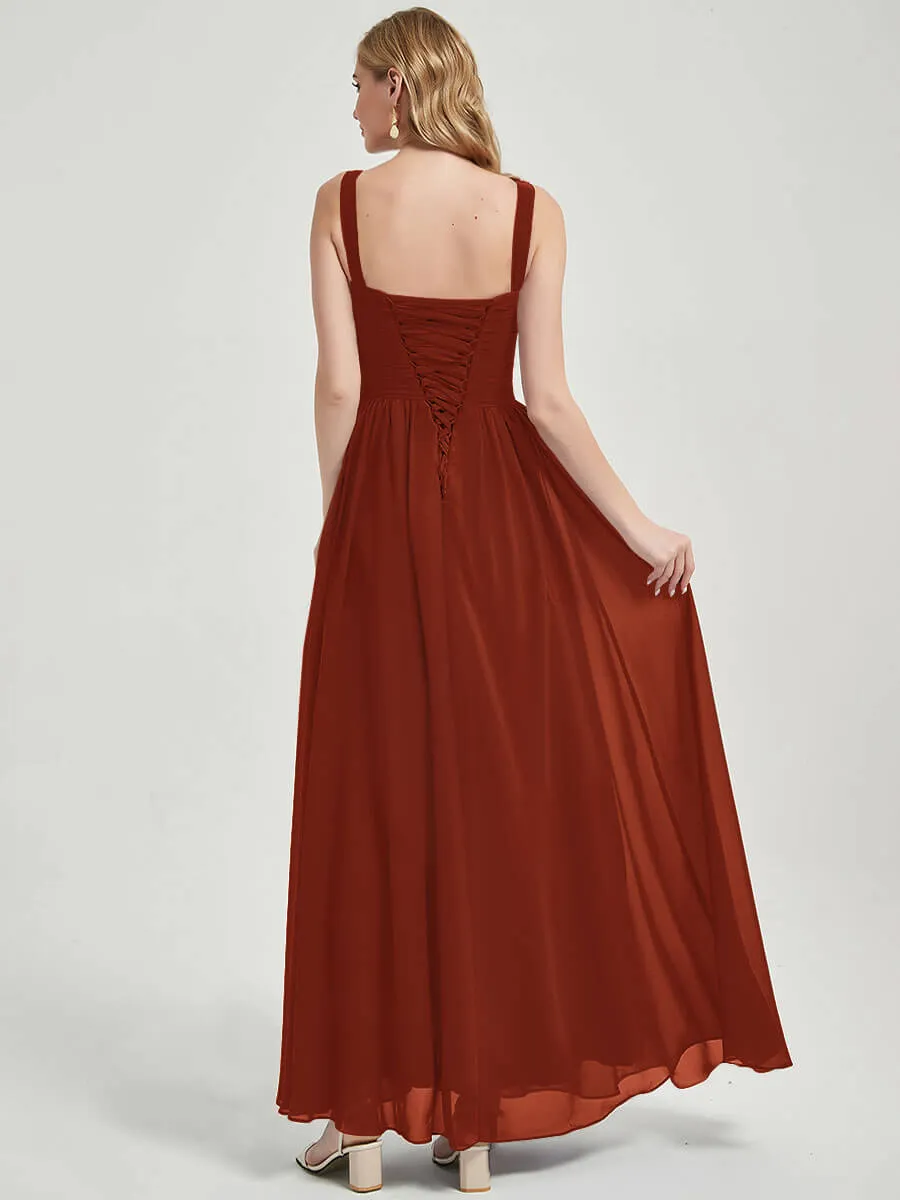 Rusty Red Wide Straps Sleeveless Classic Pleated Long Bridesmaid Dress