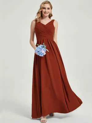 Rusty Red Wide Straps Sleeveless Classic Pleated Long Bridesmaid Dress
