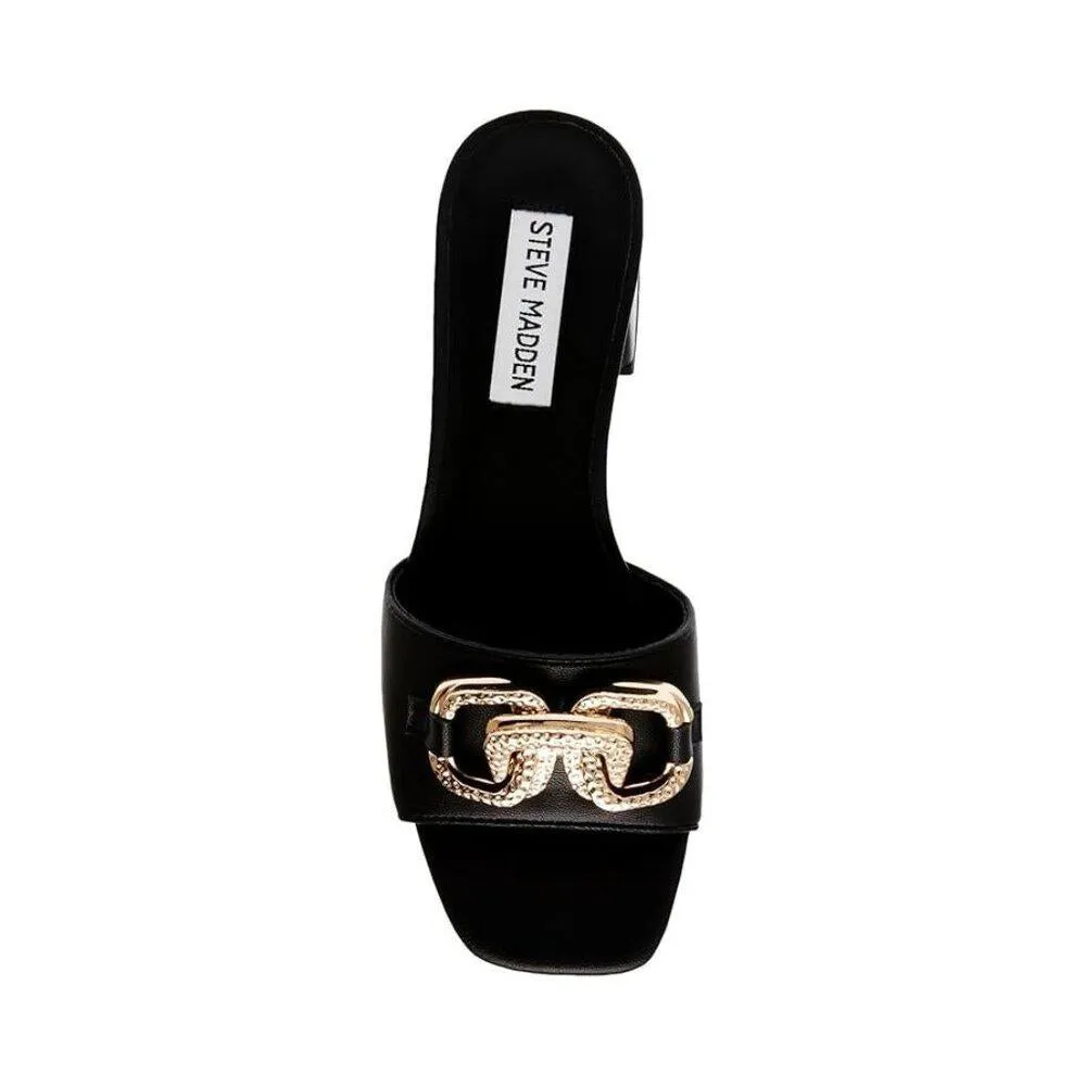Santana Black Leather Chain Detail Heels