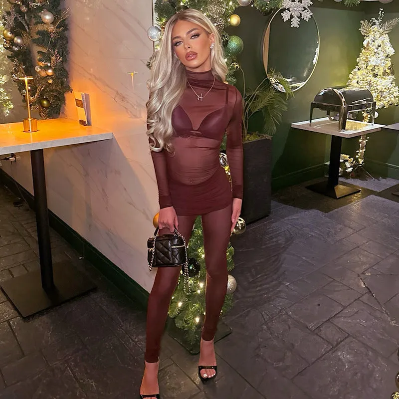Seductive Sheer Mesh High Collar Slim-Fit Top and Pants Set