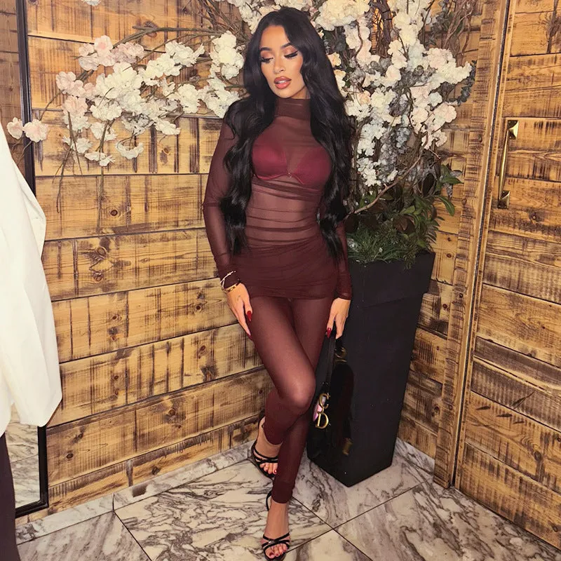 Seductive Sheer Mesh High Collar Slim-Fit Top and Pants Set