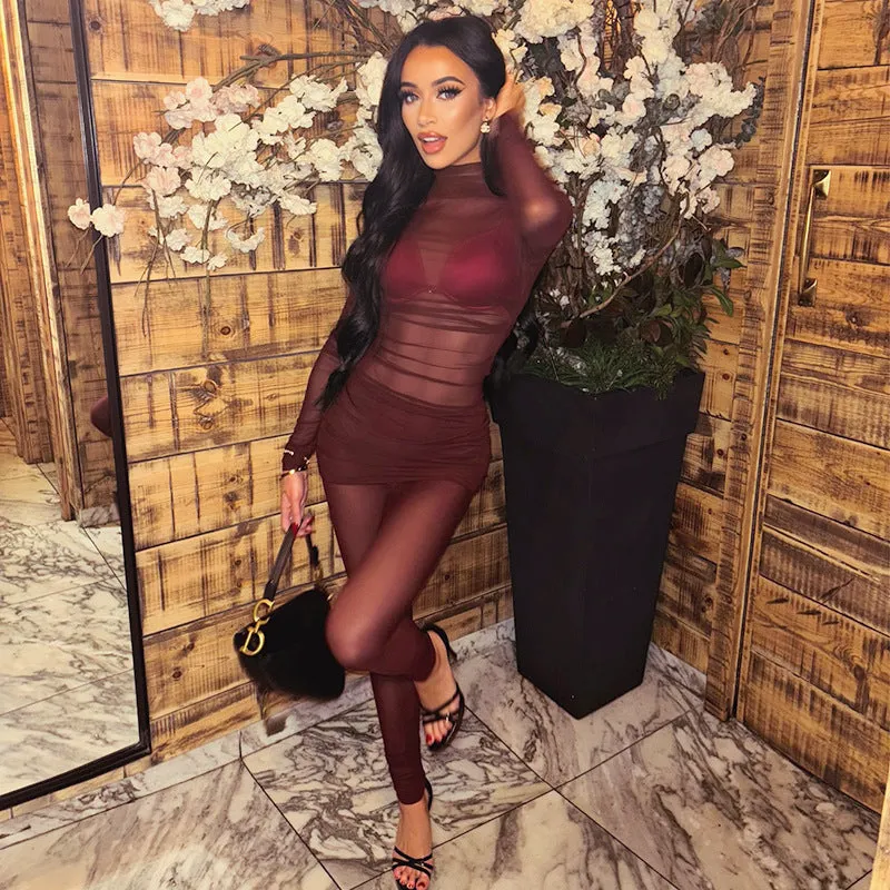 Seductive Sheer Mesh High Collar Slim-Fit Top and Pants Set