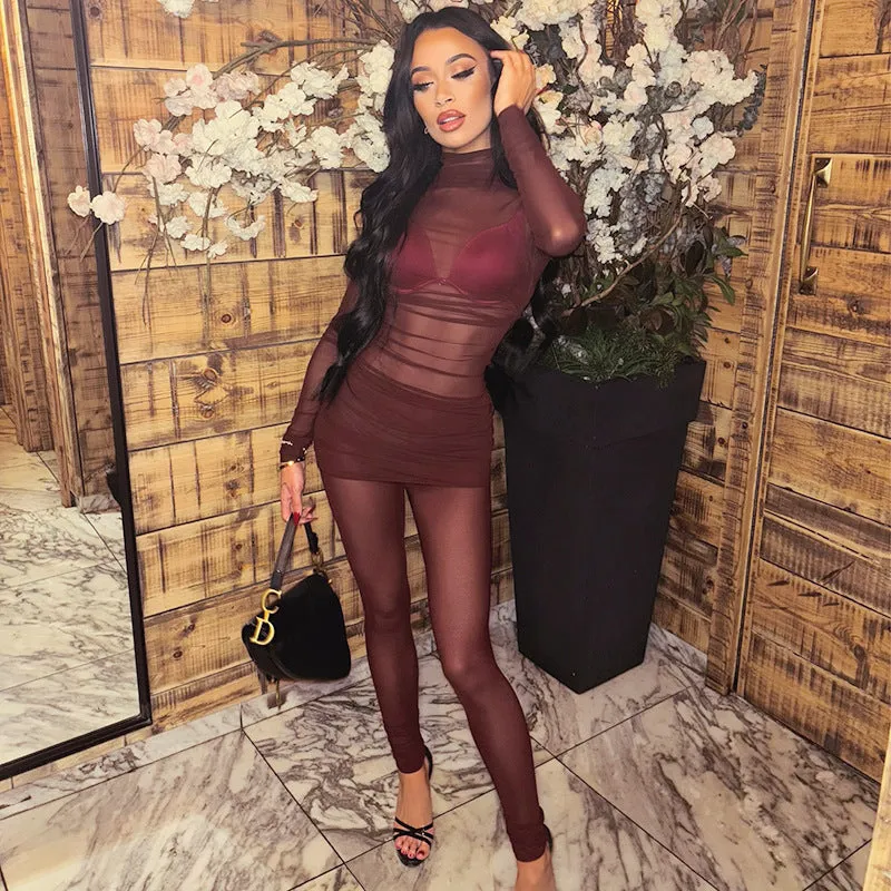 Seductive Sheer Mesh High Collar Slim-Fit Top and Pants Set