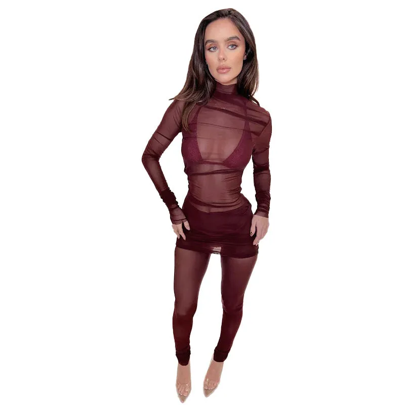 Seductive Sheer Mesh High Collar Slim-Fit Top and Pants Set