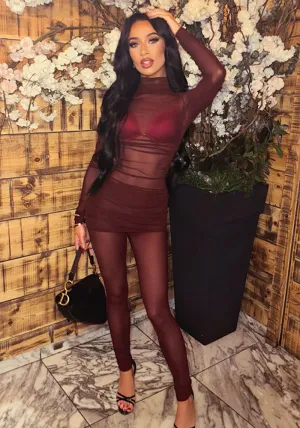 Seductive Sheer Mesh High Collar Slim-Fit Top and Pants Set