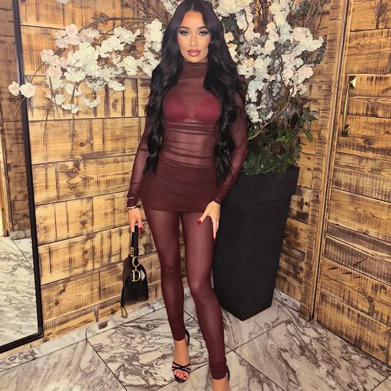 Seductive Sheer Mesh High Collar Slim-Fit Top and Pants Set