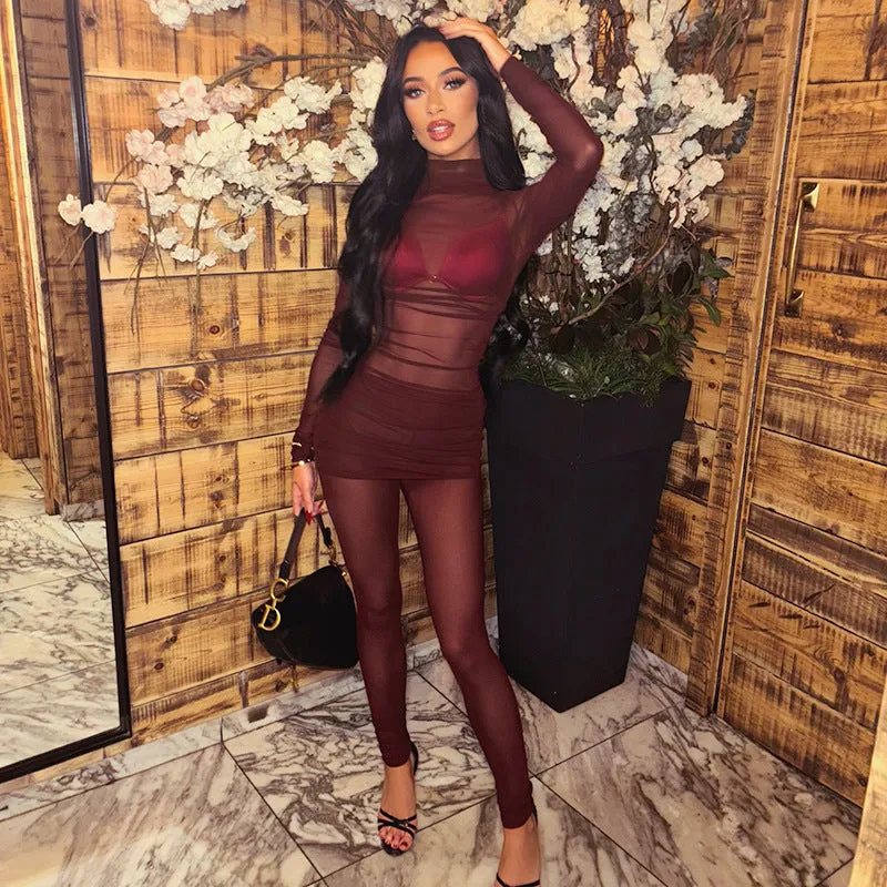 Seductive Sheer Mesh High Collar Slim-Fit Top and Pants Set