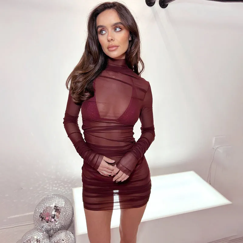 Seductive Sheer Mesh High Collar Slim-Fit Top and Pants Set