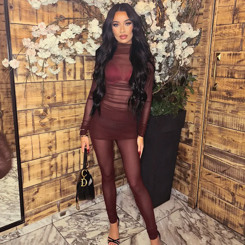 Seductive Sheer Mesh High Collar Slim-Fit Top and Pants Set