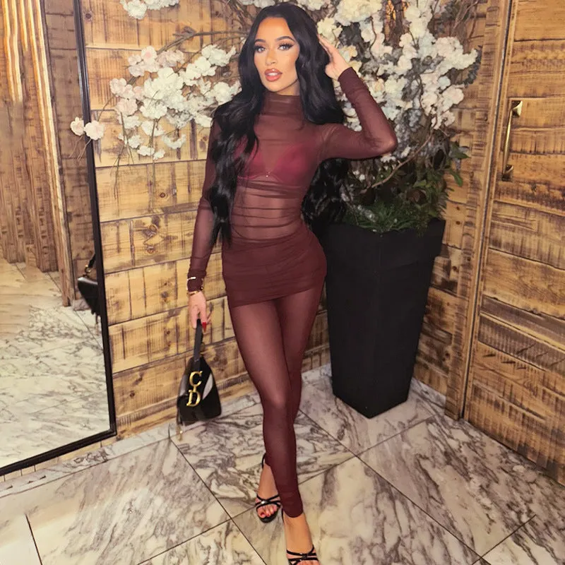 Seductive Sheer Mesh High Collar Slim-Fit Top and Pants Set