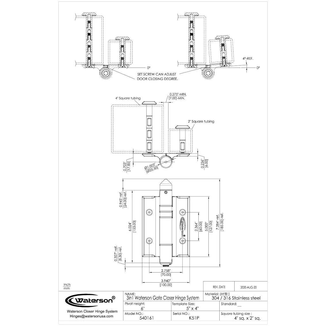 Self Closing Gate Hinges for Pool | Stainless Marine Hinges | 7ft | K51P-316-C3 | 3 Pack