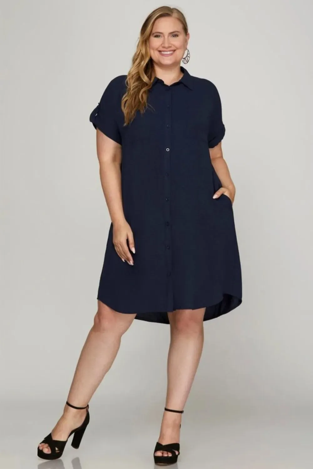 She   Sky Full Size Button Down Short Sleeve Woven Shirt Dress Plus Size