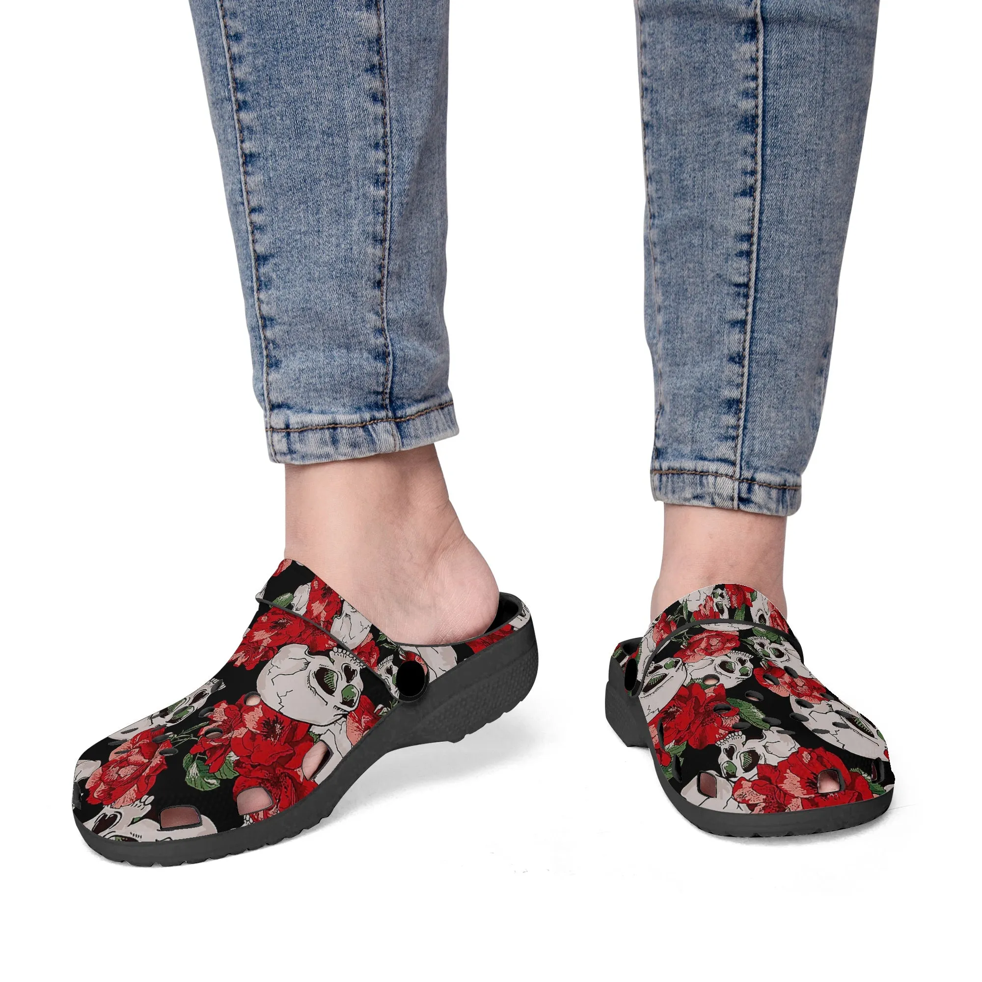 Skull & Rose Clogs – Tattoo-Inspired Stylish Slip-On Footwear