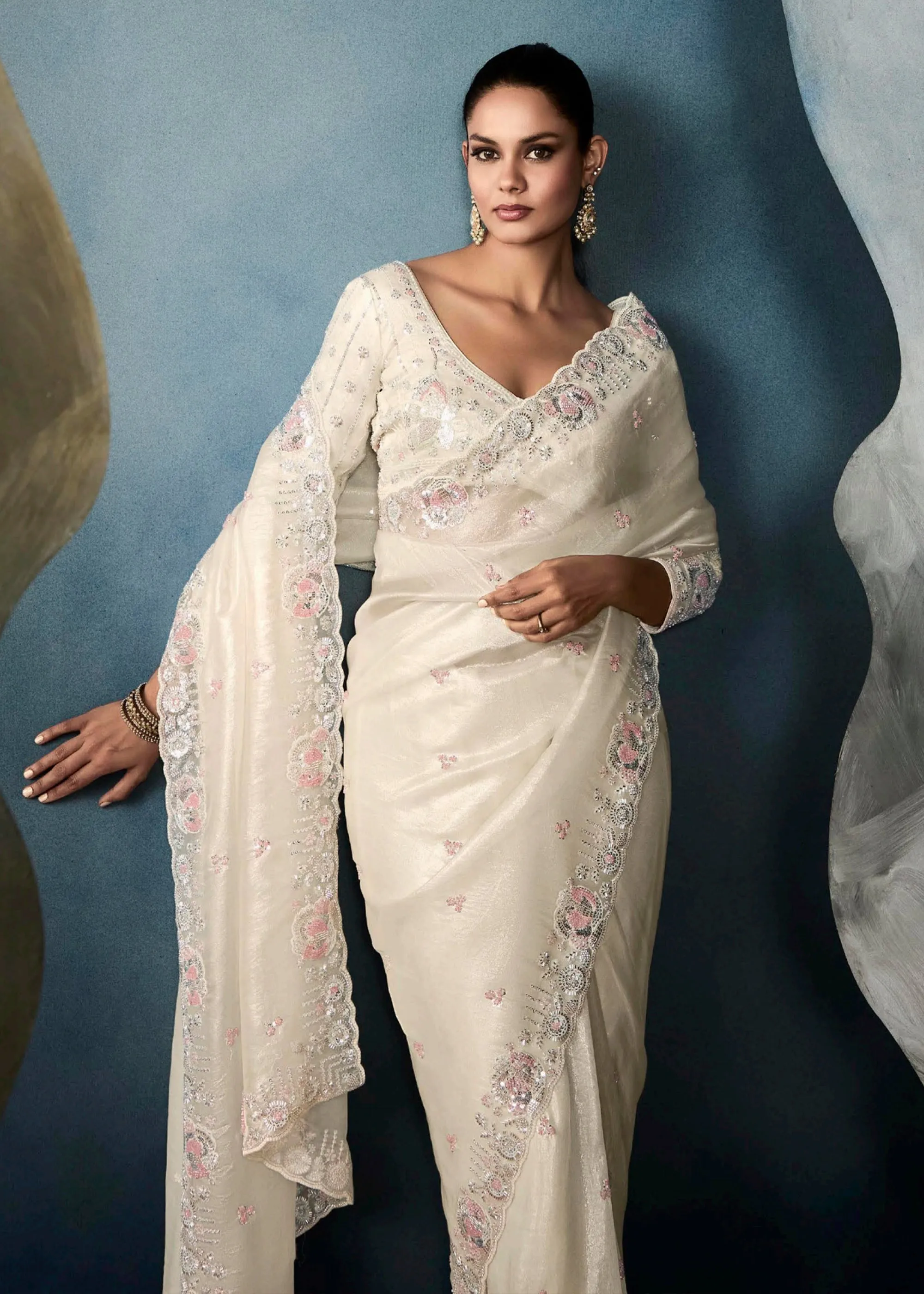 Snow White Embroidered Designer Tissue Silk Saree